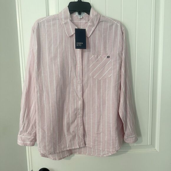 NEW Crown & Ivy Pink White Striped Oxford Button Front Shirt Petite Large PL - Picture 1 of 5